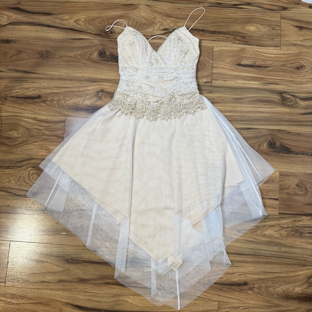 VTG Y2K Morgan & Co Dress Size 1/2 Cream Lace Fairy Mini Dress Corset HOCO Prom